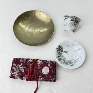 Vintage Teacup + Saucer • Asian Brass Dragon Plate Shafford • Zipper Pouch ‎ Lot